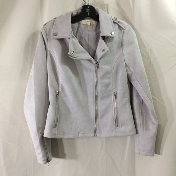 Solitaire Faux Suede Moto Jacket Gray Zip Front Size Small 2 Pockets Soft - Picture 1 of 4